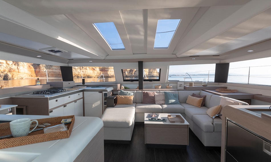 The saloon on the Fountaine Pajot Elba 45